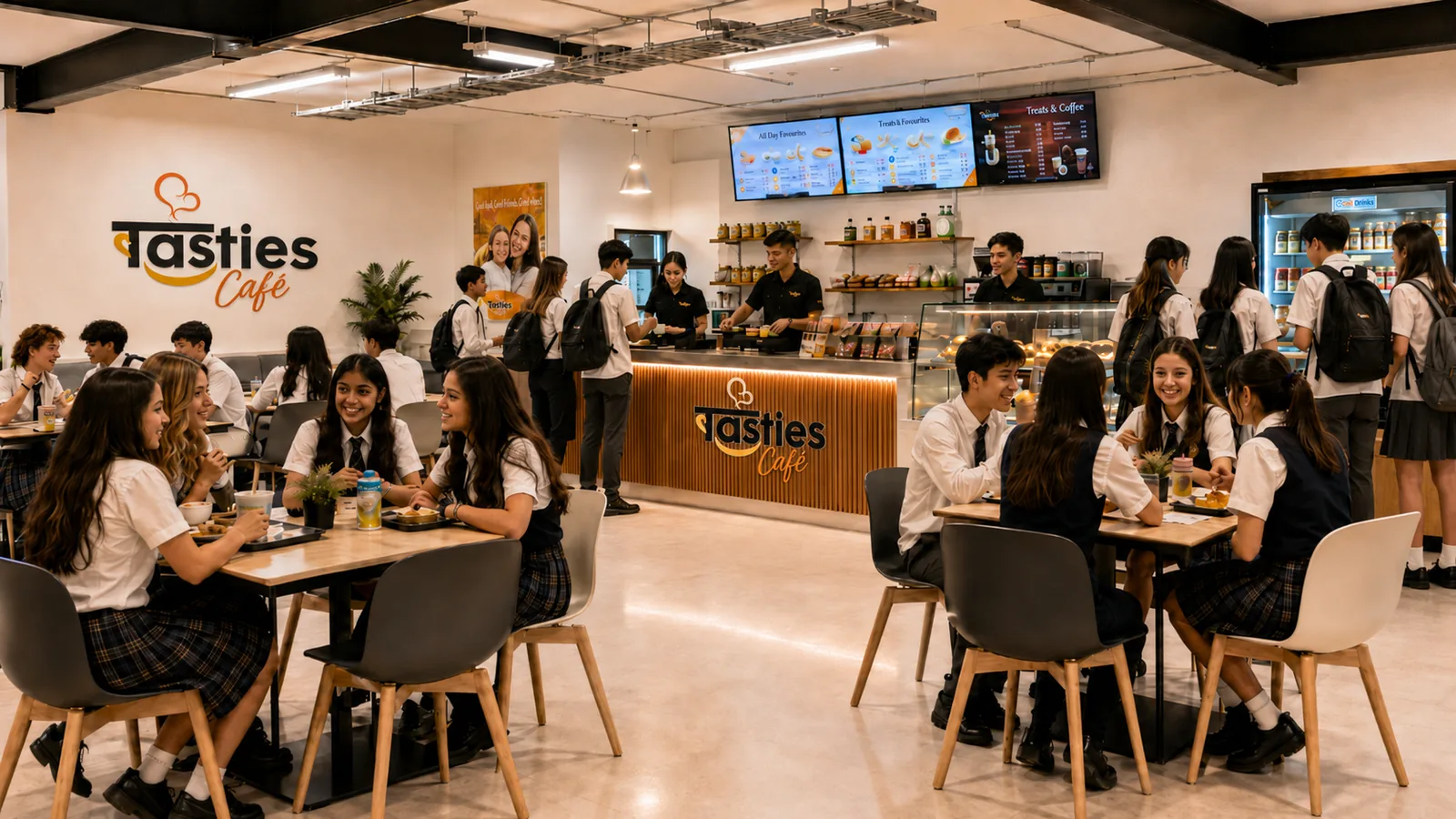 Cafetería escolar moderna de Tasties con estudiantes y personal en operación